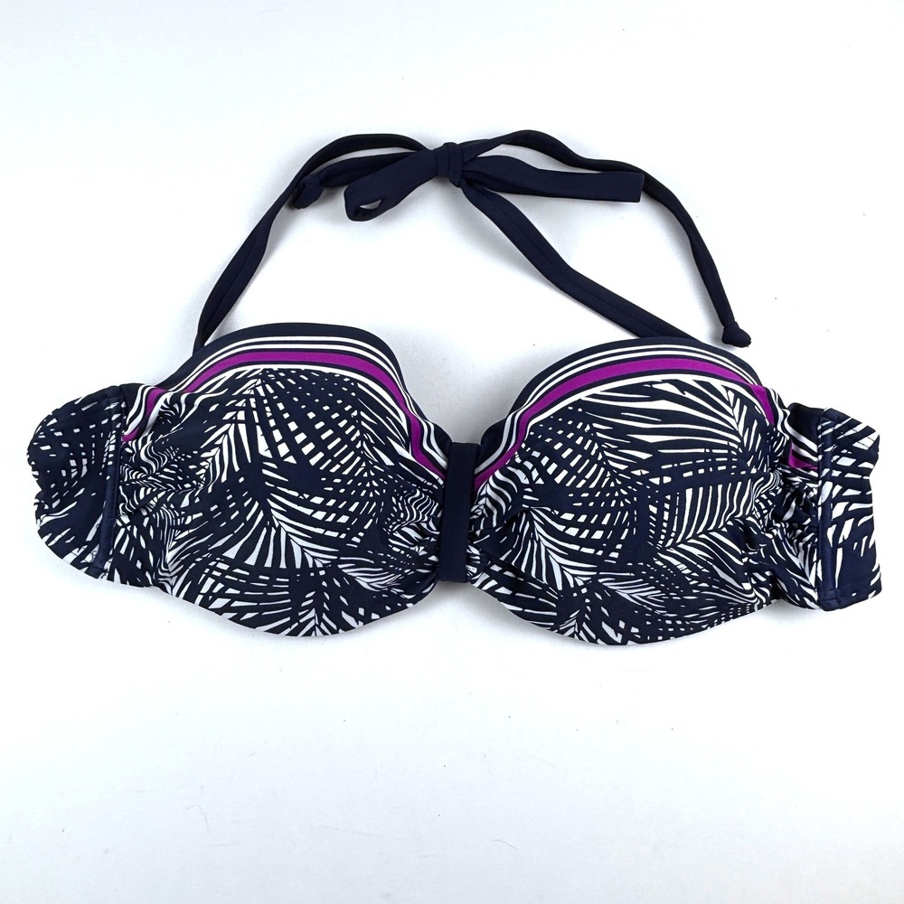 Lascana Venus Bikini Top Womens D Navy Blue Tropical Palm Bandeau Summer‎